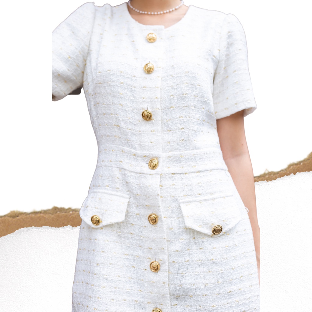 Đầm dạ tweed trắng cộc tay Lalastyle