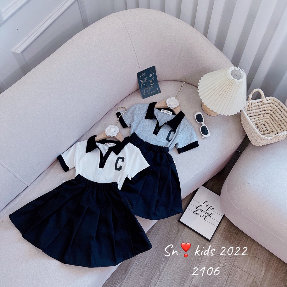 Sét áo thun kèm chân váy cho bé gái kiểu dáng thể thao, Set váy chữ C cho bé size 15-38kg