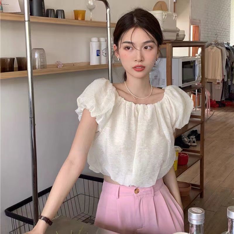 Áo Trễ Vai Tay Phồng Ngắn Dáng Ôm Thời Trang Mùa Hè Xinh Xắn Cho Nữ