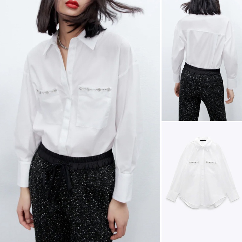 Zara Áo Sơ Mi Dài Tay Phối Túi Thời Trang Mùa Xuân 2022 3666058Áo blouse
