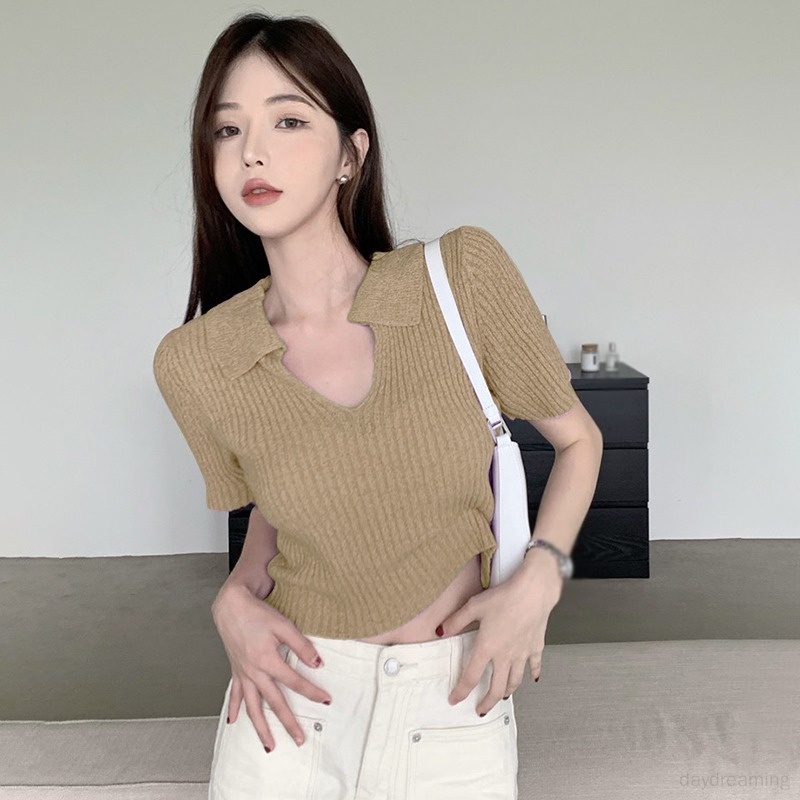 Áo Croptop Màu Trơn Cổ Bẻ Thời Trang Mùa Hè Cho Nữ