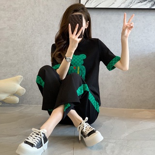 Bộ đồ nữ thể thao mặc nhà ngắn tay quần ống suông thêu Gấu cực đẹp, Set đồ mặc nhà nữ