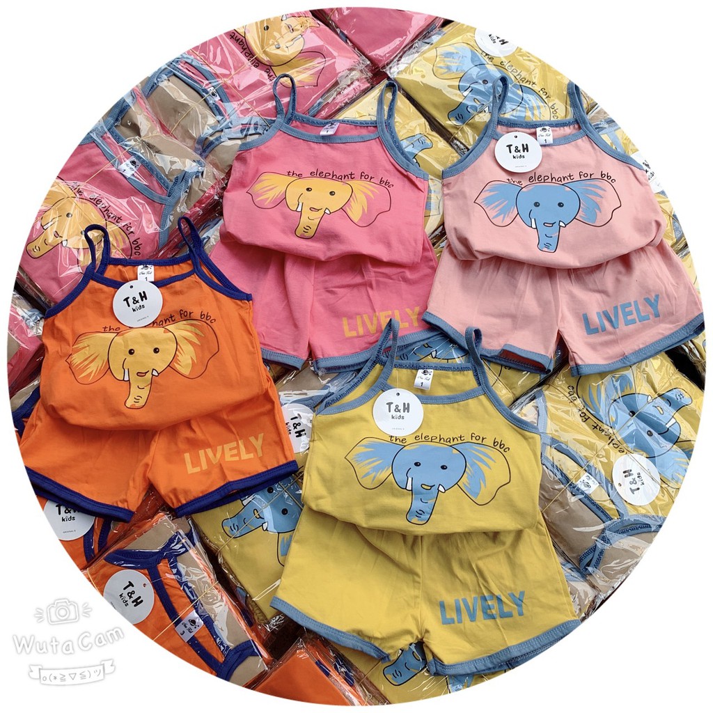 Bộ 2 dây bé gái chất thun coton. Áo 2 dây bé gái in hình con voi hàn quốc xinh 6-20kg