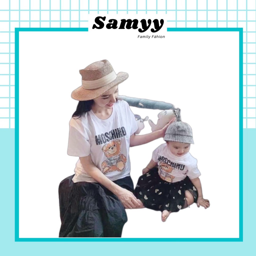 Áo thun bé trai bé gái nam nữ unisex, áo phông gia đình tay lỡ hình gấu 100% cotton trắng - Samyy_vn