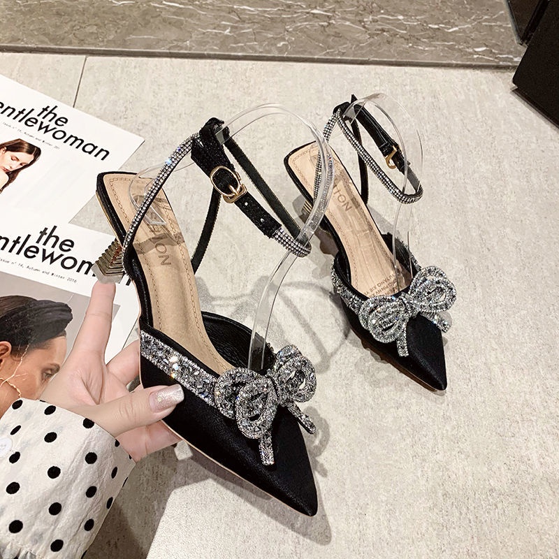 Giày Cao Gót Đính Đá Phối Nơ Xinh Xắn Dành Cho Nữ