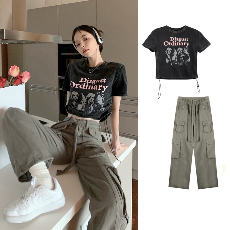 Set Áo Croptop + Quần Dài Lưng Cao / Dây Rút In Họa Tiết Spice Retro Dành Cho Nữ