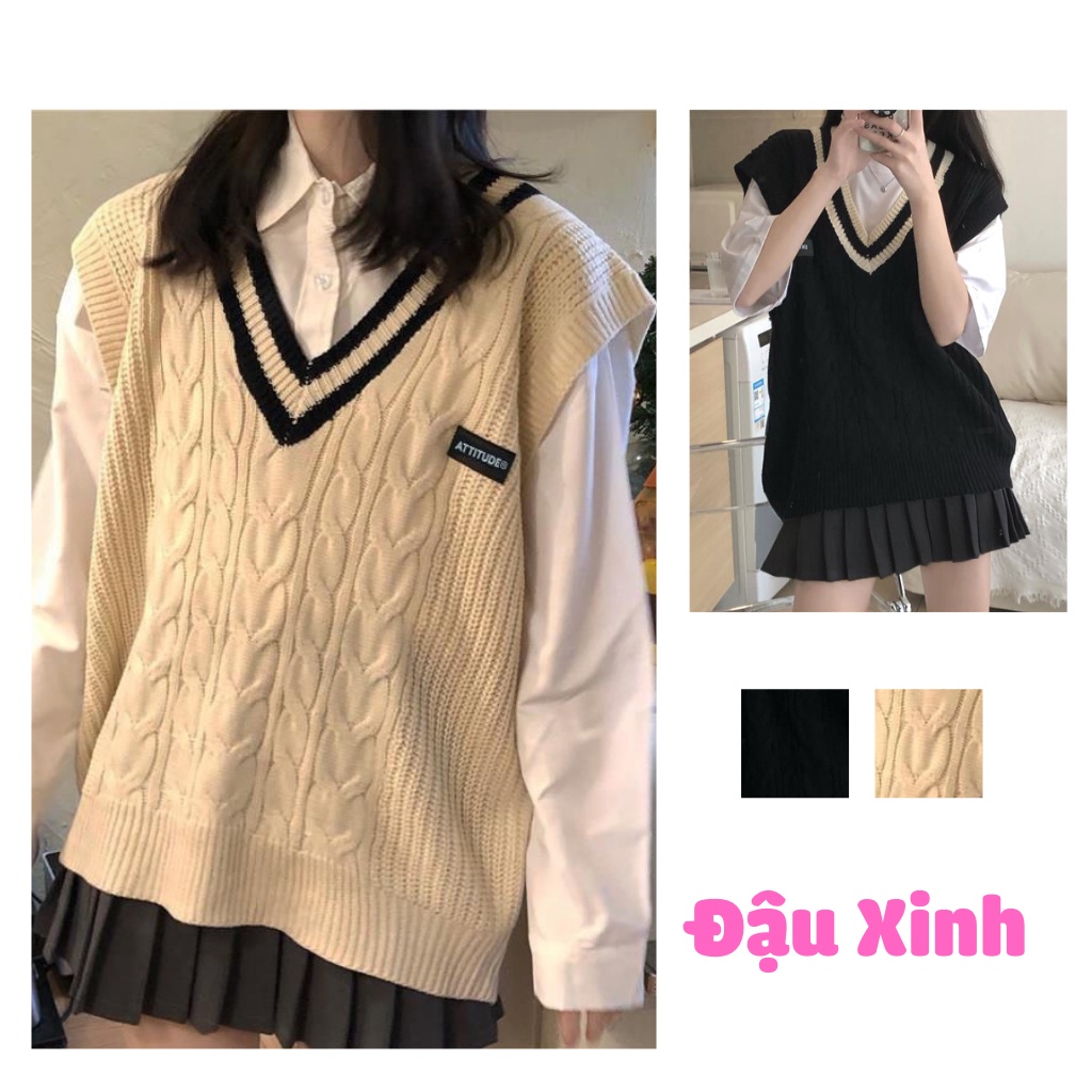 Áo gile len nữ hàn quốc cổ v ulzzang dáng rộng tùy chiều cao - 052