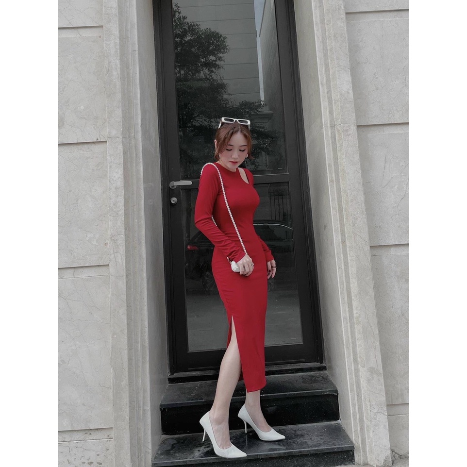 Đầm tay dài khoét xéo vai chất gân đẹp body đẹp dáng dài k