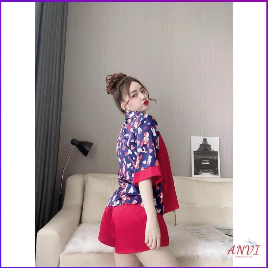Bộ Pijama Nữ ANVI, Đồ Mặc Nhà Lụa Áo Tay Ngắn Phối Hoa Văn Chất Lụa Satin Nhiều Màu Form Rộng Dưới 65kg . | BigBuy360 - bigbuy360.vn