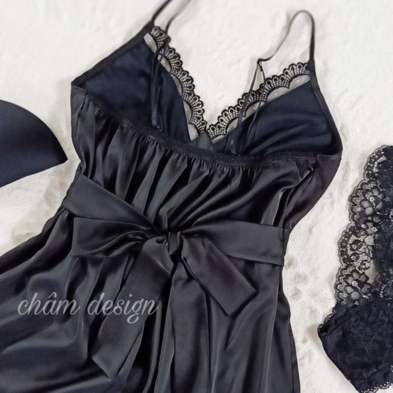 váy ngủ lụa đen 2 dây buộc nơ eo có size lớn( hàng thiết kế độc quyền)