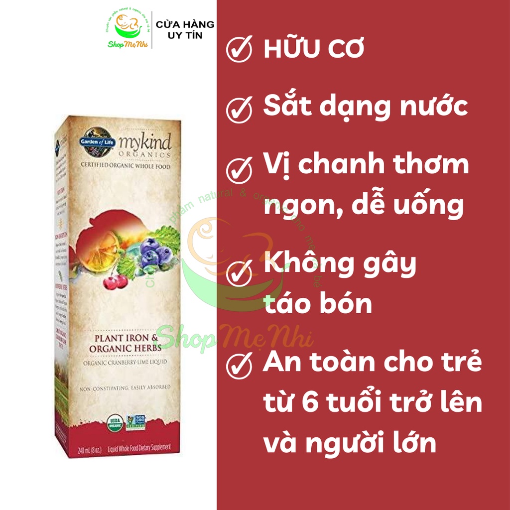 Siro sắt hữu cơ thuần chay từ thực vật garden of life mykind plant iron 240ml.