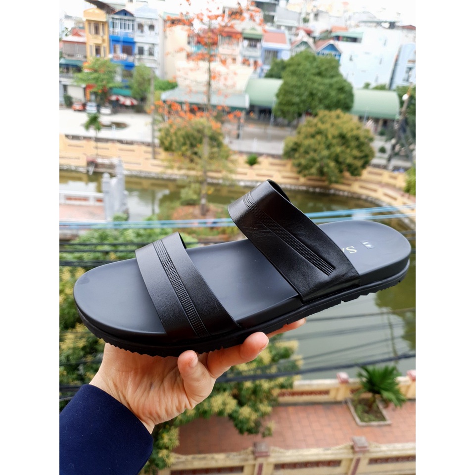 Dép da nam 2 quai ngang da bò thật chất êm nhẹ chống trơn cam kết bảo hành 12 tháng