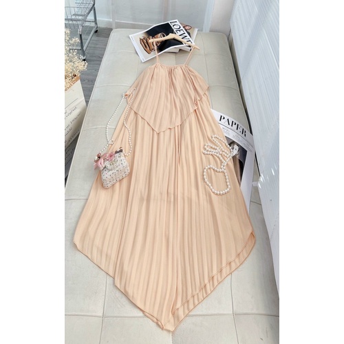 Đầm Maxi Đi Biển, Váy Maxi Dập Ly IVA0250, Chất Voan Dập Ly, Màu Trắng, Be, Cho Dáng Dài Miên Man