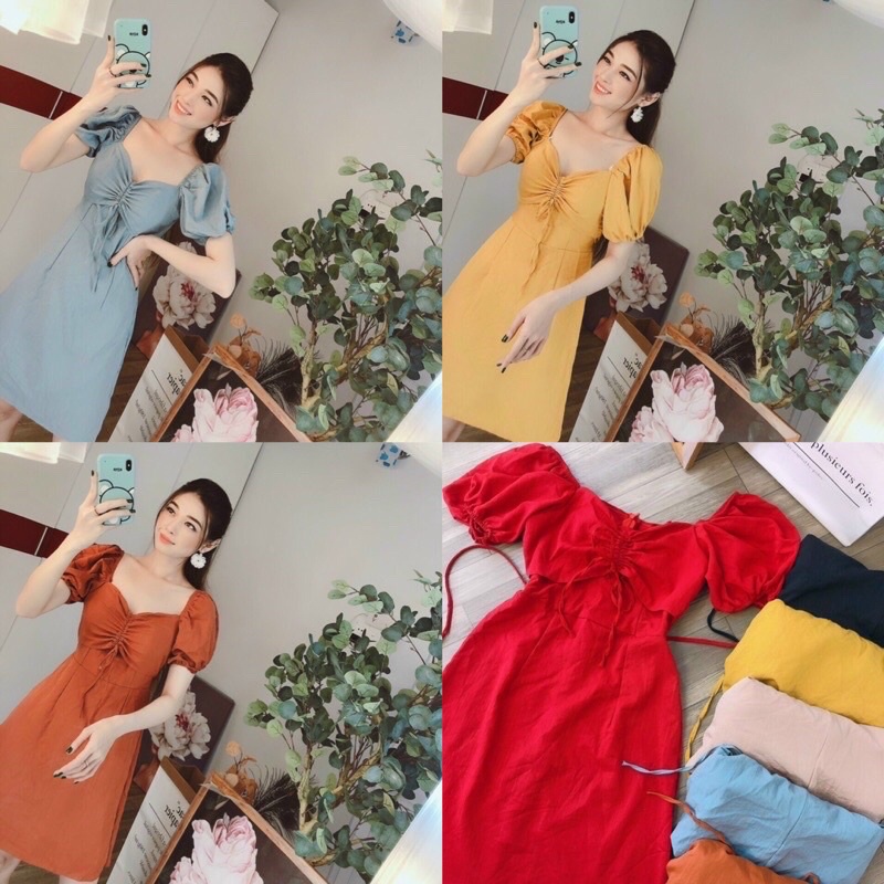 Đầm xoè rút dây ngực tay phồng siêu cưng-hình thật.