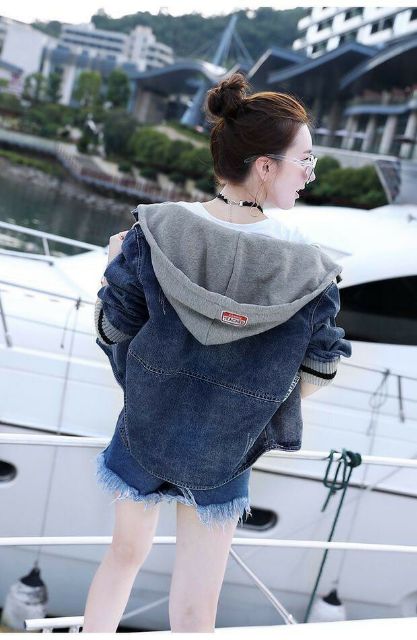 Áo khoác jean nữ ulzzang mũ nỉ, áo bò nữ có nón rút dây - DTH