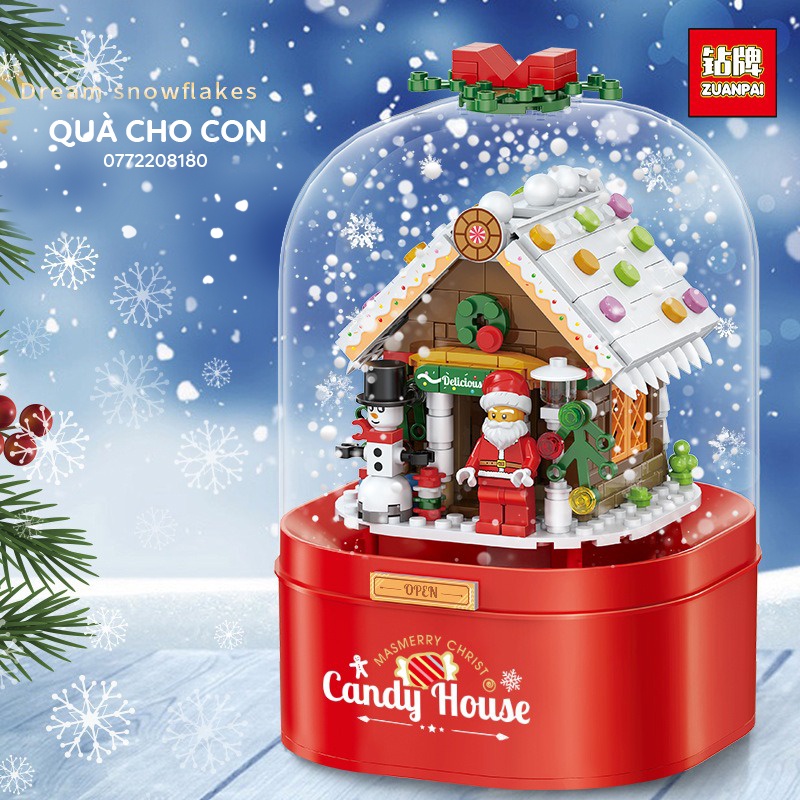 HỘP LEGO PHÁT NHẠC GIÁNG SINH CÓ TUYẾT RƠI MÔ HÌNH NGƯỜI TUYẾT, ÔNG GIÀ NOEL, NGÔI NHÀ BÁNH KẸO (Tặng kèm pin)