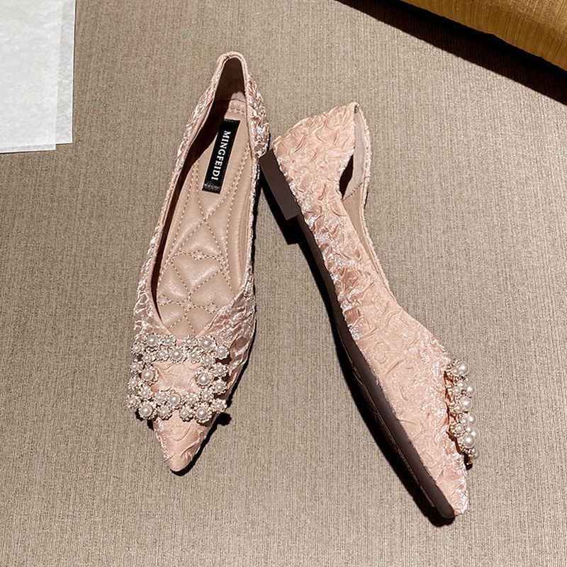 Giày Phẳng Giày Búp Bê Mũi Nhọn Đính Đá Ngọc Trai Thời Trang Cho Nữ Size 33-44