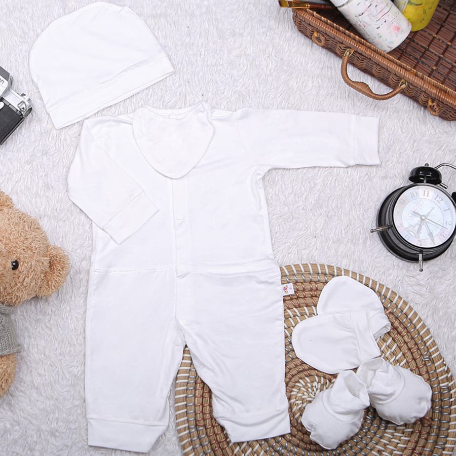 Body cho bé liền thân dài tay 5 món kèm mũ, yếm, set bao tay, chân - Little Bear