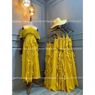 (Bán chạy) MOON  BOHO - MAXI VÀNG TRỄ VAI BÈO DẬP LY (CHẤT TƠ CAO CẤP)