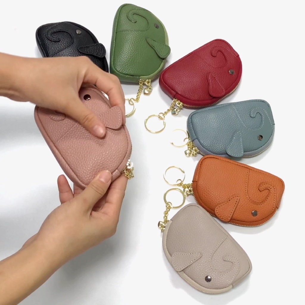 Ví Da Bò Thật Đựng Tiền Xu Mini Có Móc Khóa Hình Chú Voi Dễ Thương Cho Nữ