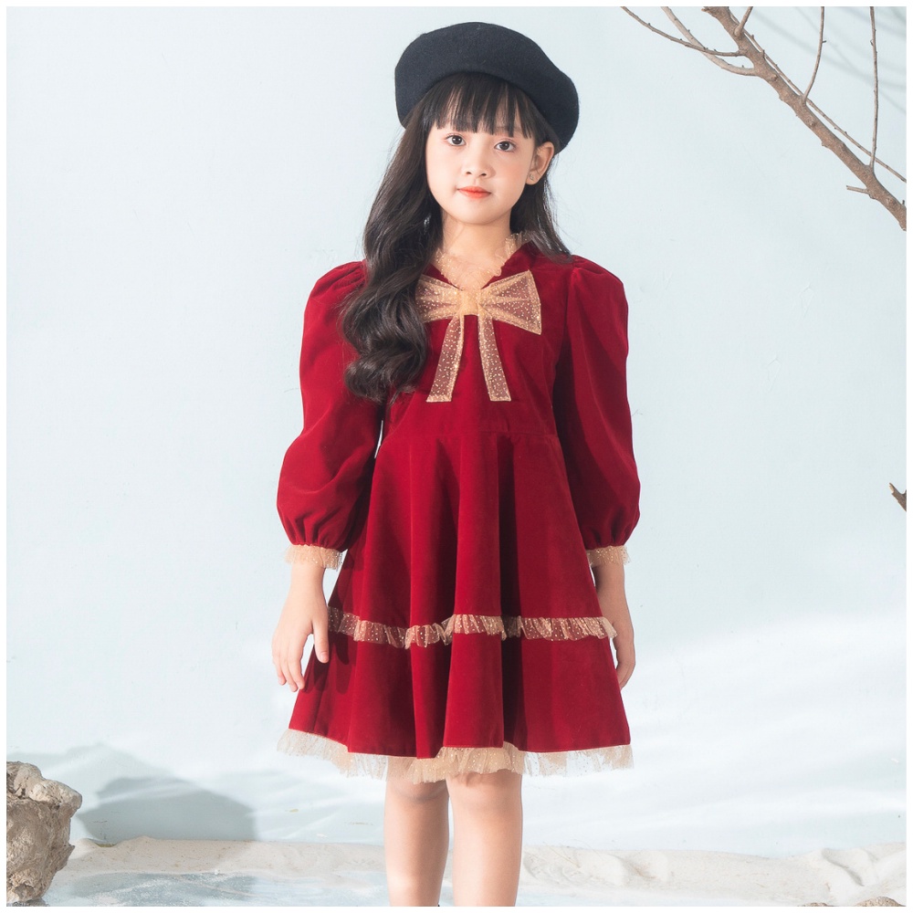 Váy nhung babydoll bé gái dài tay Fancy 137KIDS thiết kế dáng xòe cao cấp đính nơ ngực 10-40kg