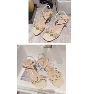 (order) Sandal đính hoa gót vuông 5cm
