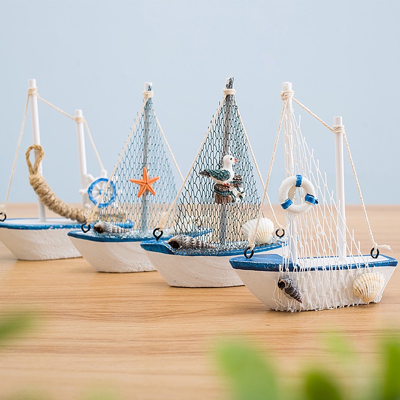 Mô hình thuyền gỗ nhỏ 14cm trang trí phong cách Địa Trung Hải