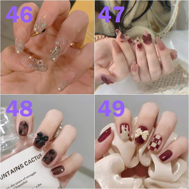 Set 24 Móng Tay Giả dài trong suốt đính nơ đá Gắn Nơ Xinh Xắn Thời Trang Cá Tính Cho Nữ móng giả đính nơ Kèm Keo Dán