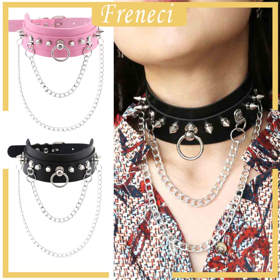 Vòng Cổ Choker Da Đính Đinh Tán Kim Loại Màu Hồng Phong Cách Gothic Có Thể Điều Chỉnh