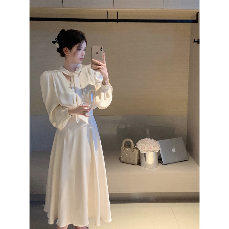 Set Áo Sơ Mi Tay Dài Cổ Tròn Vải Satin Cao Cấp Phối Chân Váy Lưng Cao Thời Trang Pháp Sang Trọng Cho Nữ