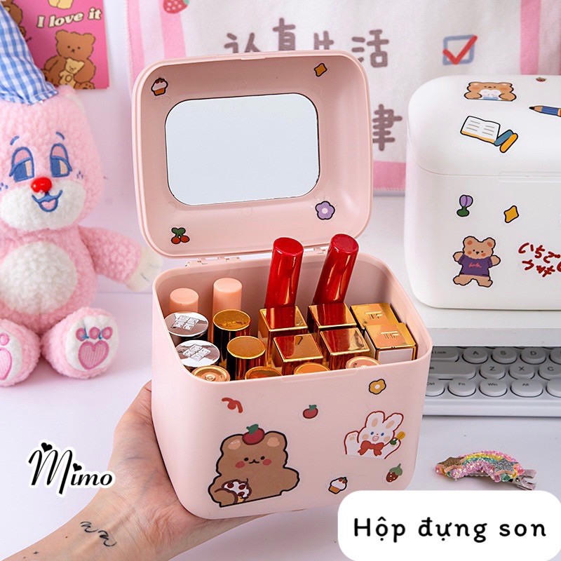 Hộp đựng son 20 ô kiểu Hàn có gương soi, hộp đựng đa năng kèm sticker để bàn xinh xắn 4 màu rất đáng yêu