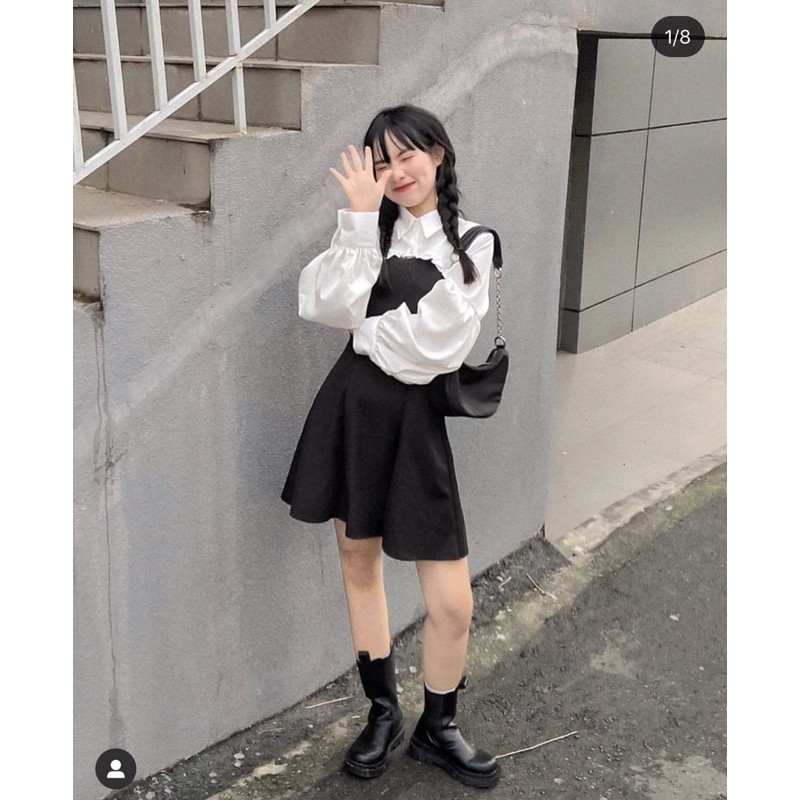 (CLIP THẬT) Đầm 2 dây phối áo croptop sơ mi tay bồng | BigBuy360 - bigbuy360.vn