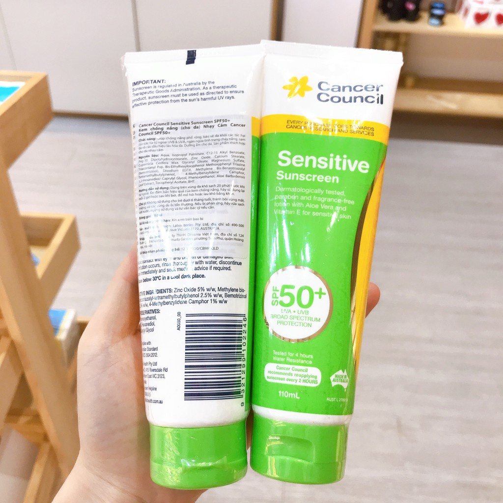 Kem Chống Nắng Cancer Council Sensitive Sunscreen Úc cho da nhạy cảm SPF50+ 110ml