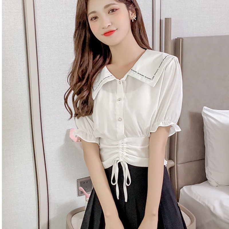 Áo Sơ Mi Tay Ngắn Thời Trang Cá Tính 154785 Áo Cardigan Cổ Búp Bê Dáng Ôm Ngắn Phối Dây Rút Thiết Kế Đơn Giản Cá Tính