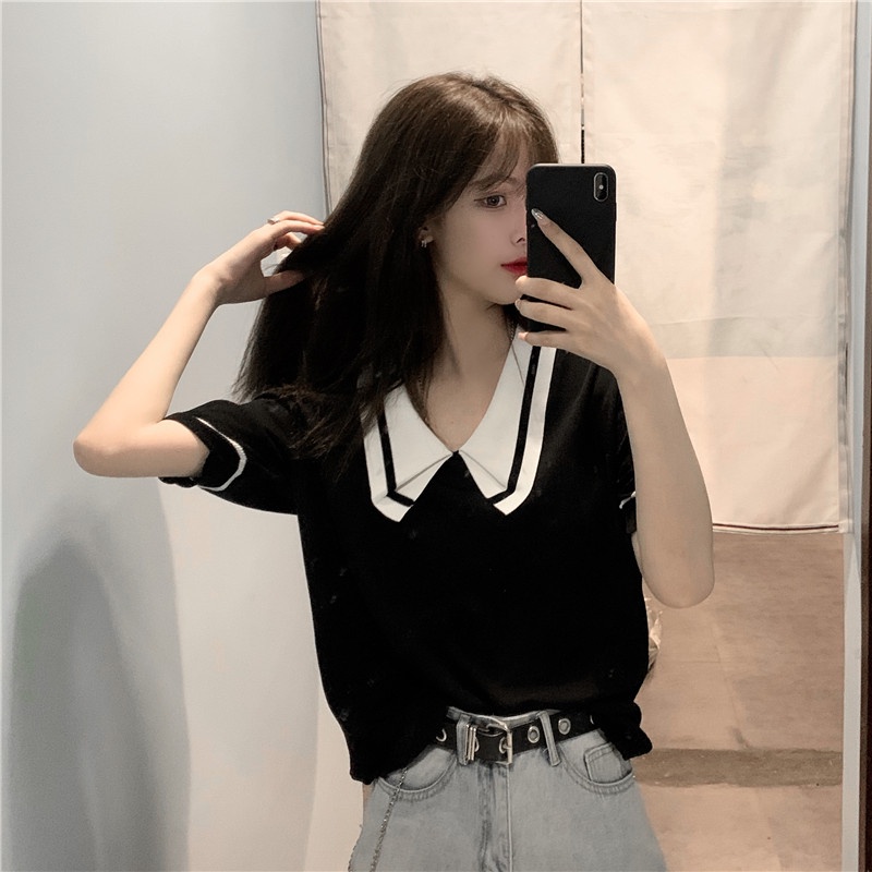 Áo dệt kim ZHELIHANGFEI tay ngắn cổ búp bê màu tương phản phong cách phương Tây thời trang mùa hè 2022 cho nữ