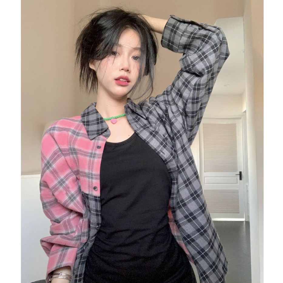 Áo Sơ Mi Chống Nắng Tay Dài Dáng Rộng Họa Tiết Sọc Caro Thời