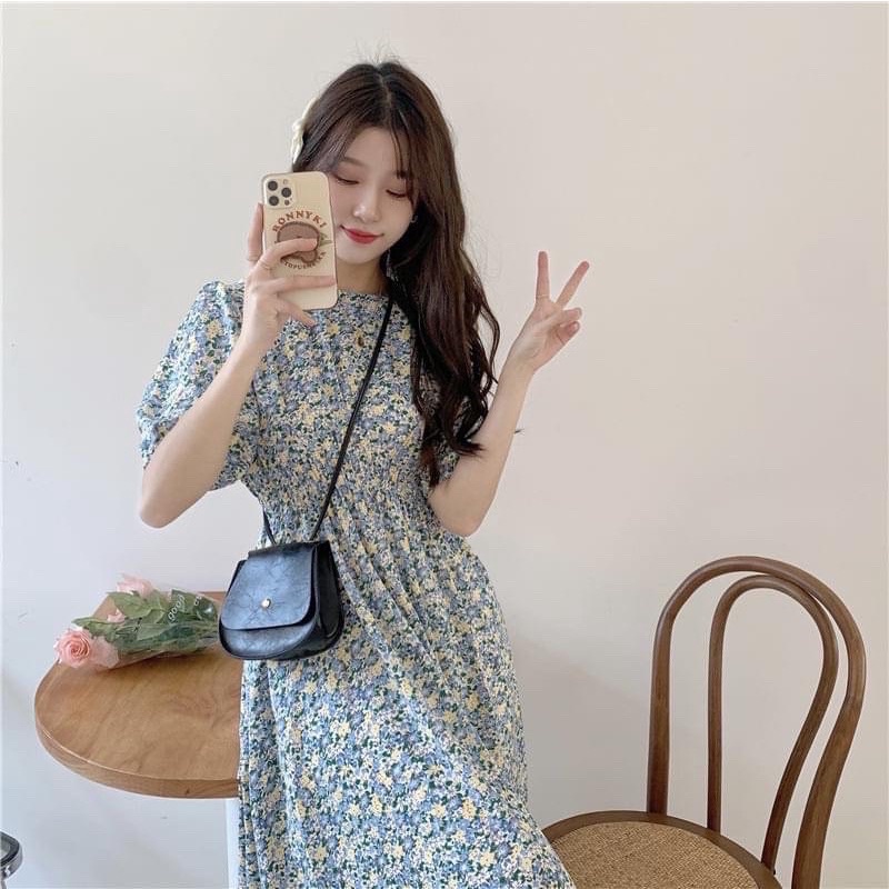 Váy Hoa Nhí Xanh Chun Eo Tay Bồng