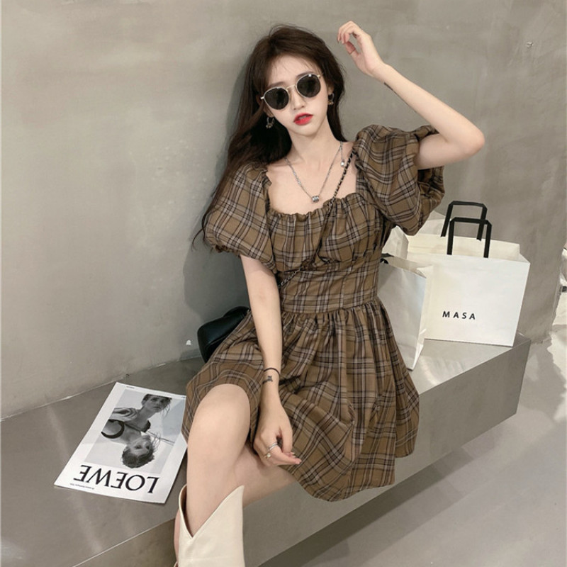 Đầm Nữ Tay Ngắn Cổ Vuông Họa Tiết Caro Thời Trang | BigBuy360 - bigbuy360.vn