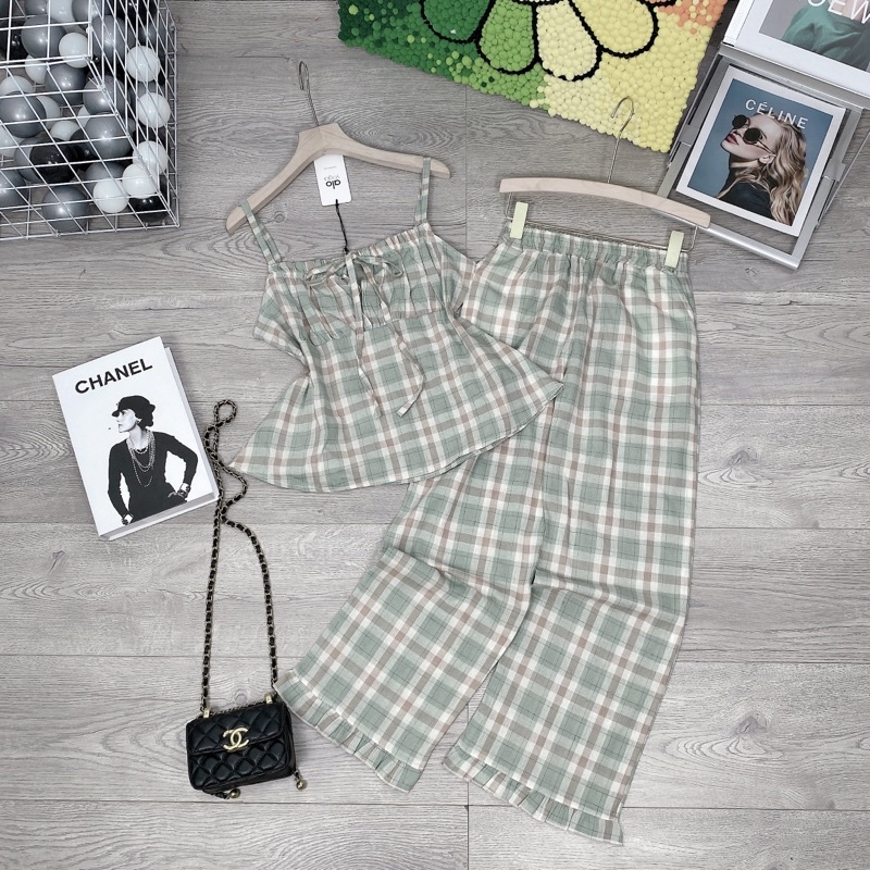 Bộ babaydoll hai dây mix quần suông ống rộng kẻ karo | BigBuy360 - bigbuy360.vn