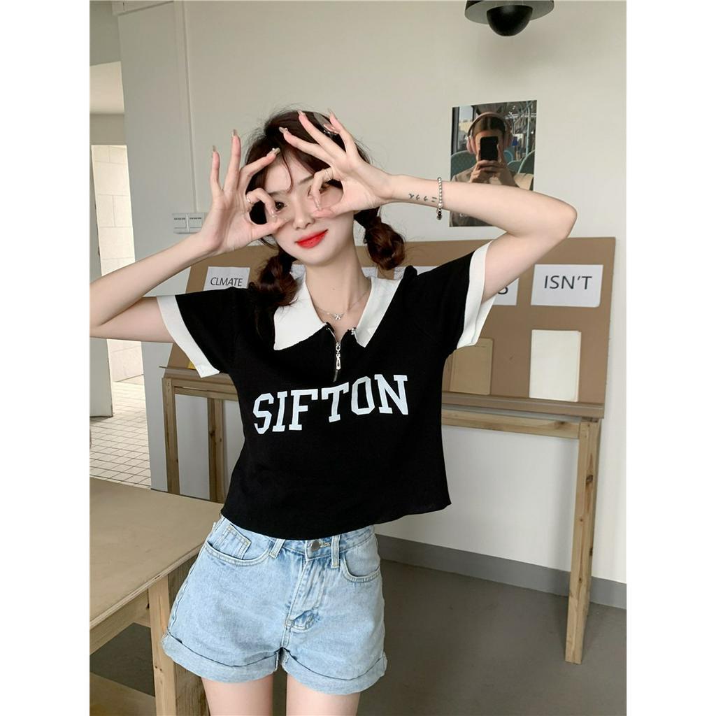 ZHELIHANGFEI Áo Thun POLO Dệt Kim Tay Ngắn Dáng Ôm Thời Trang Dành Cho Nữ