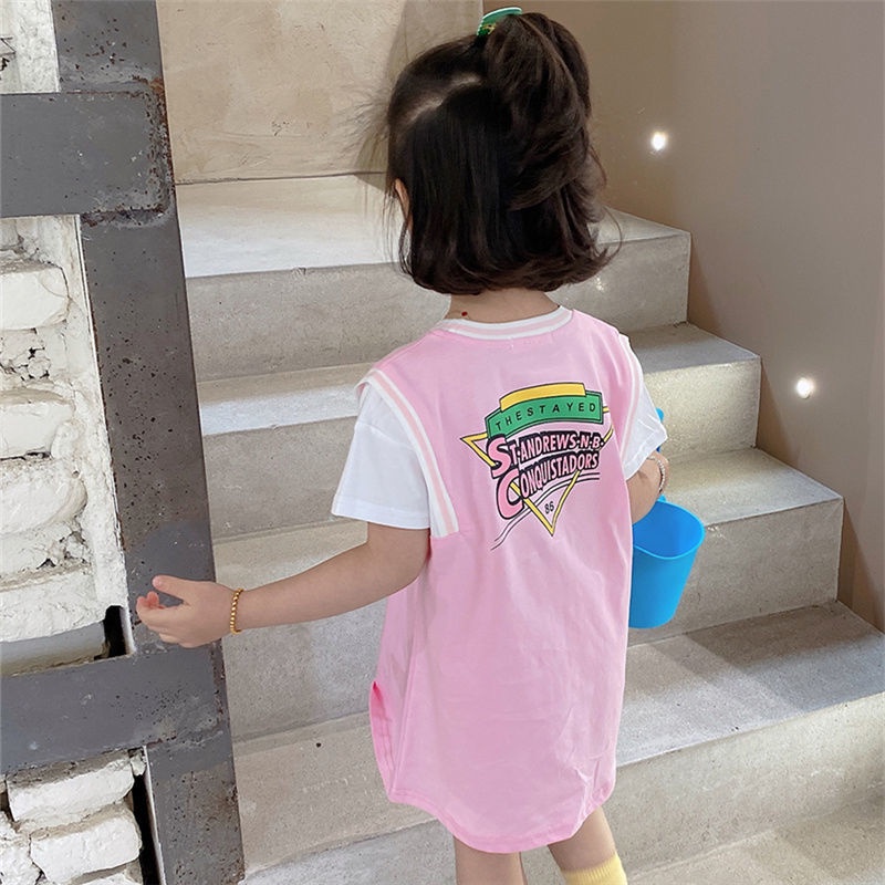 Đầm Thun Cotton Ngắn Tay Hai Lớp Mùa Hè Mới Phong Cách Hàn Quốc Cho Bé Gái