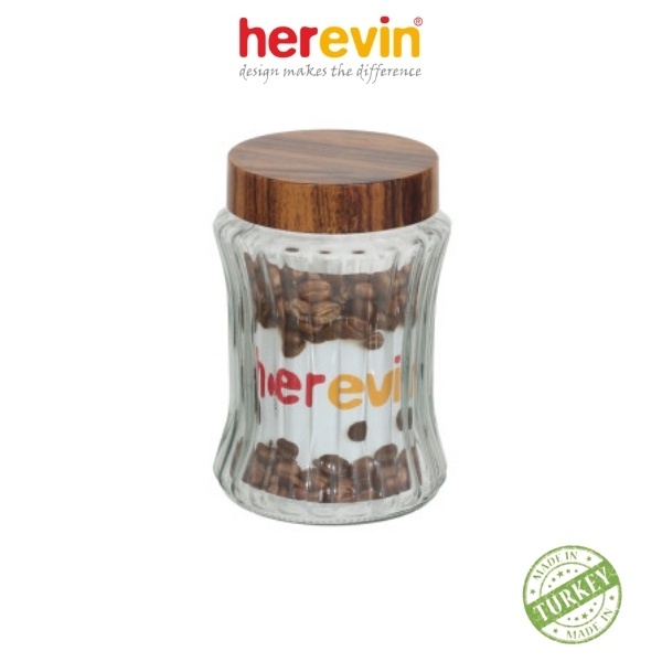 Bộ 2 Hũ Thuỷ Tinh Herevin Tròn Sọc Nắp woody 1.5L - HEHU231902-205