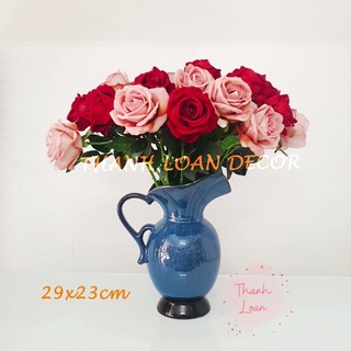 Lọ hoa gốm Bát Tràng 💗 FREESHIP 💗 Bình hoa dáng quai sữa cao 29 cm trang trí decor - Men xanh hỏa biến