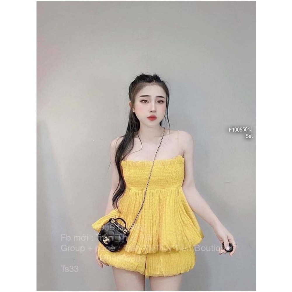 Set bộ 2 món xốp áo xòe bồng nhún ngực 2 dây phối quần short bí phồng!