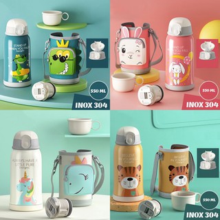 Bình giữ nhiệt khủng long, bình giữ nhiệt thỏ hồng cho bé dung tích 550 ml có túi đeo và ống hút