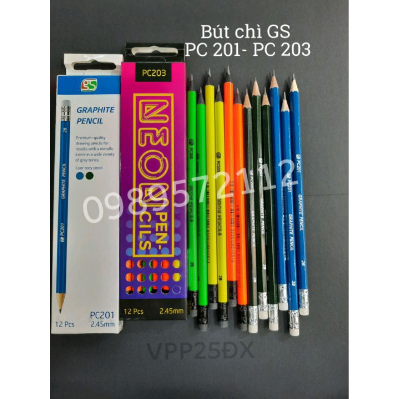 Hộp 12 cái bút chì 2B có tẩy GS. PC 201-202-203