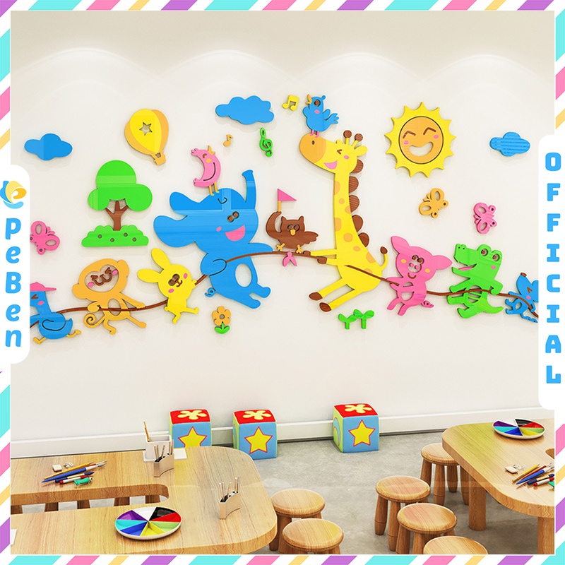 Tranh dán tường mica 3d decor Muông thú kéo co Trang trí nhà trẻ, phòng cho bé Nhiều Size - EPeBen