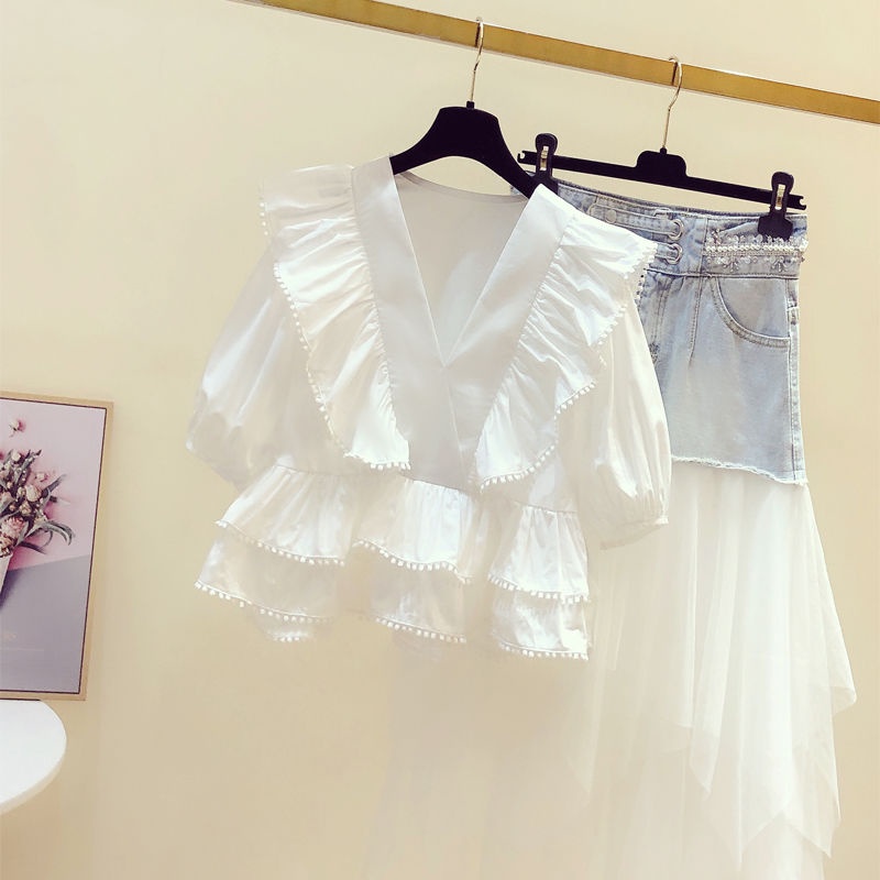 Jiashucheng Áo Sơ Mi Ngắn Tay Cổ Chữ V Eo Cao Phong Cách Thời Trang Pháp Ngọt Ngào Mùa Hè Hàng Mới Dành Cho Bạn Nữ