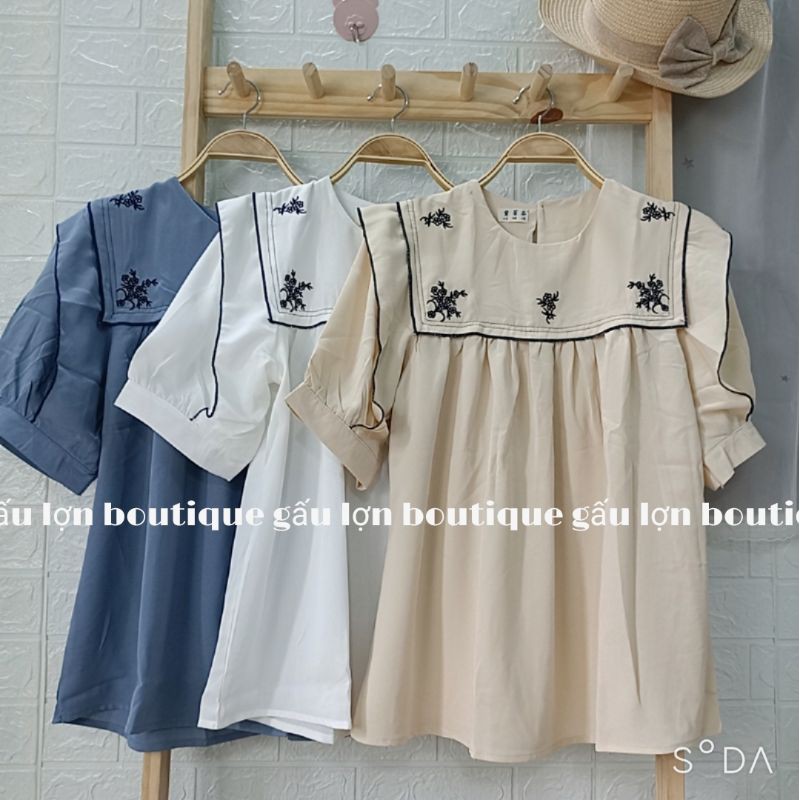 áo babydoll thêu hoa cộc tay vintage ảnh thật