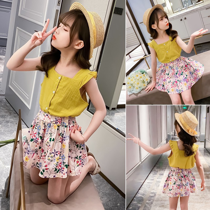 Set Áo Sát Nách + Váy Họa Tiết Hoa Mùa Hè Cho Bé Gái 3-15 Tuổi